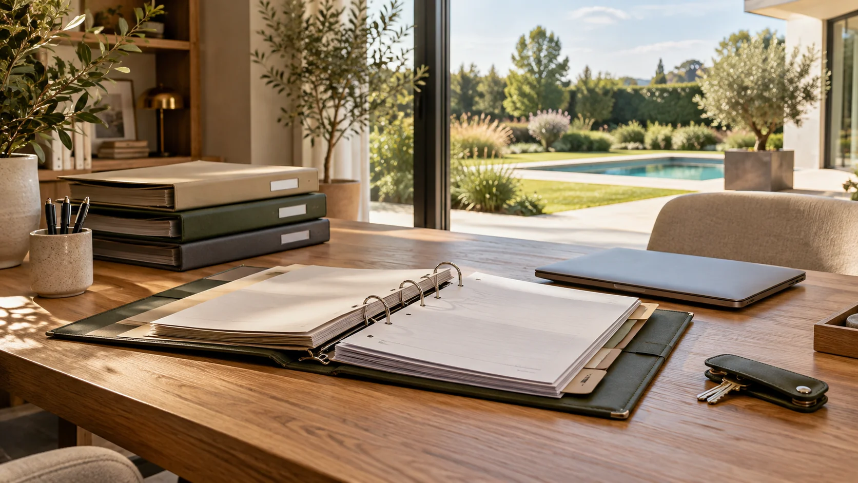 Koncepcyjna ilustracja uporządkowanej dokumentacji domu na biurku; obraz wygenerowany, nie zdjęcie realizacji.